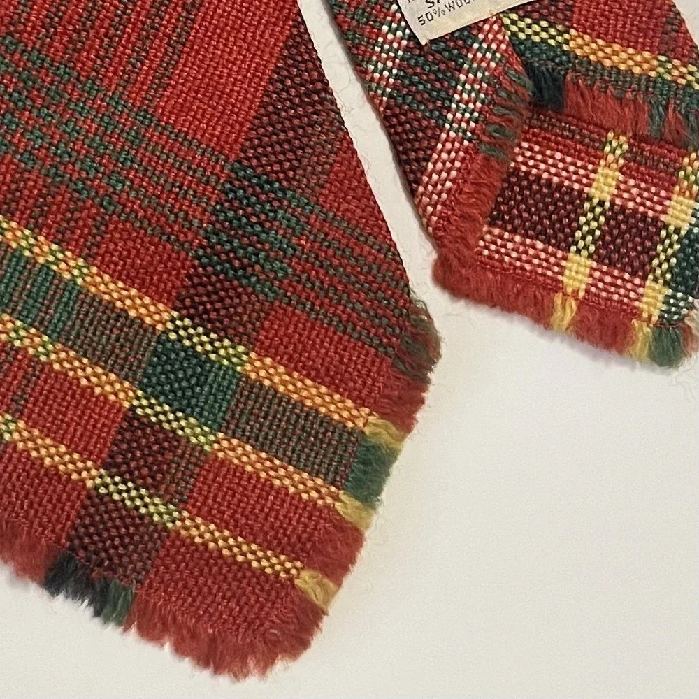 Rare McCrossen Vintage Handwoven Wool Blend Plaid Tie Red Green‎ Santa Fe NM